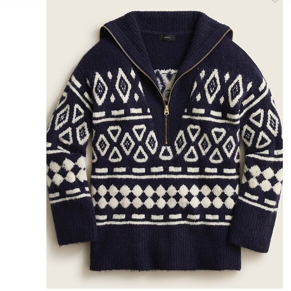 J. Crew Relaxed Half-Zip Sweater in Geometric Knit Blue and White Size XS/S - Picture 3 of 9